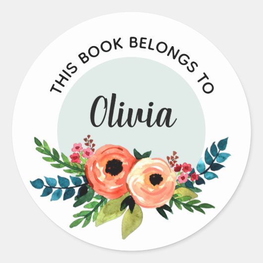 Meisjes Floral Waterverf Flowers Kinder Bookplate Ronde Sticker (Voorkant)