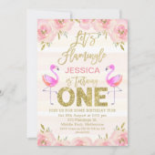 Meisjes florale flamingo eerste verjaardag uitnodi kaart (Voorkant)