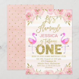 Meisjes floramingo eerste verjaardag uitnodiging