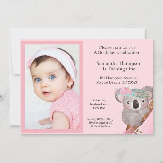 Meisjes Foto 1 jaar Beer van Birthday Koala Kaart (Voorkant)