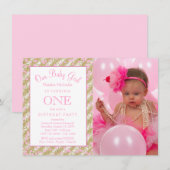 Meisjes Foto 1e Verjaardagsfeest Roze Goud Confett Kaart (Voorkant / Achterkant)