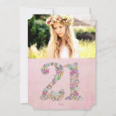 Meisjes Foto 21e roze Floral Birthday Party Kaart (Achterkant)