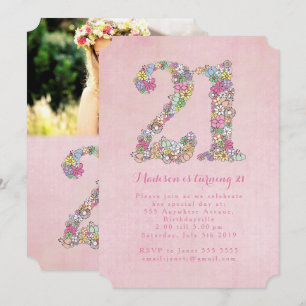 Meisjes Foto 21e roze Floral Birthday Party Kaart