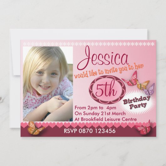 Meisjes Foto 5e Verjaardagsfeest Nodig Schattige u Kaart (Voorkant)