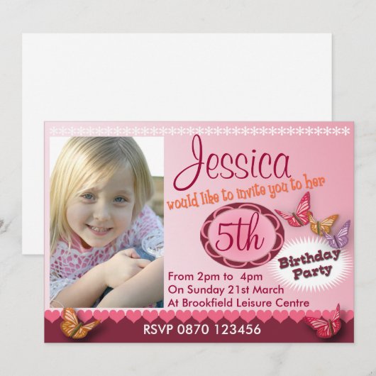 Meisjes Foto 5e Verjaardagsfeest Nodig Schattige u Kaart (Voorkant / Achterkant)