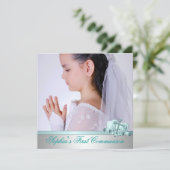 Meisjes Foto Blauwgroen Blauwe Eerste Communie Kaart (Staand voorkant)