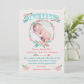 Meisjes Foto Boho Feather Wreath Birth Aankondiging (Staand voorkant)