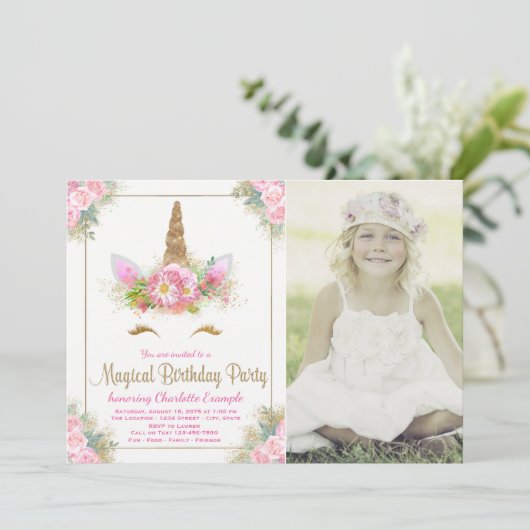 Meisjes Foto Eenhoorn Verjaardagsfeestje Uitnodigi Kaart (Staand voorkant)