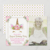 Meisjes Foto Eenhoorn Verjaardagsfeestje Uitnodigi Kaart (Voorkant / Achterkant)