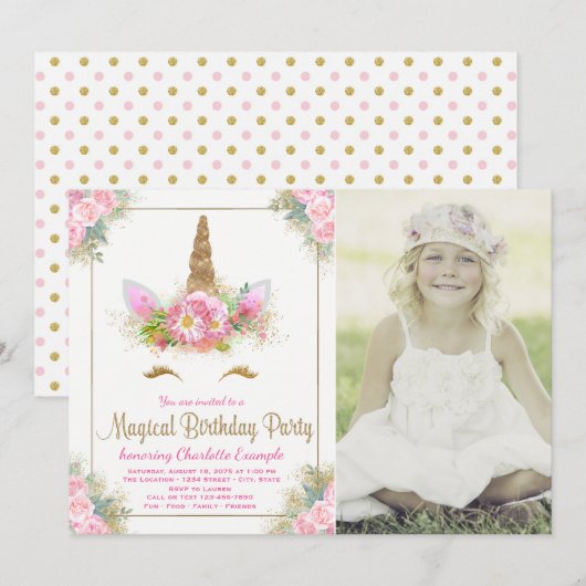 Meisjes Foto Eenhoorn Verjaardagsfeestje Uitnodigi Kaart (Voorkant / Achterkant)