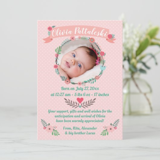 Meisjes Foto Floral Wreate Baby Arrival Dank je Aankondiging (Staand voorkant)