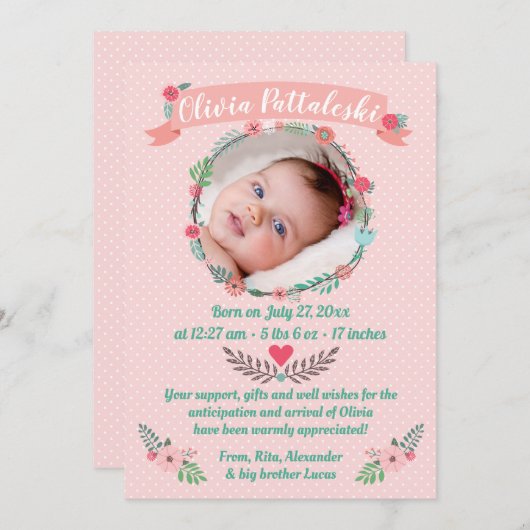 Meisjes Foto Floral Wreate Baby Arrival Dank je Aankondiging (Voorkant / Achterkant)