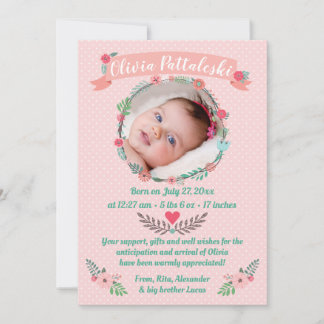 Meisjes Foto Floral Wreate Baby Arrival Dank je Aankondiging