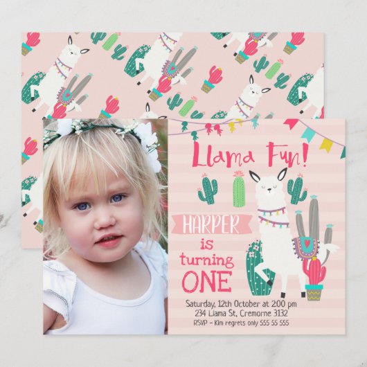 Meisjes Foto Llama Fun Birthday Invitation Kaart (Voorkant / Achterkant)