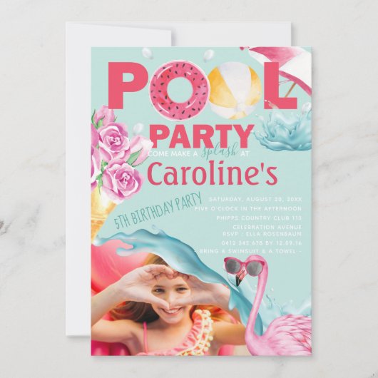 Meisjes Foto Pool Party Verjaardag Kaart (Voorkant)