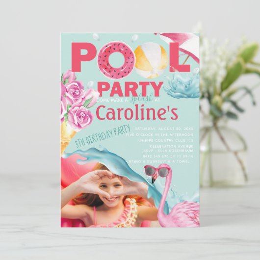 Meisjes Foto Pool Party Verjaardag Kaart (Staand voorkant)