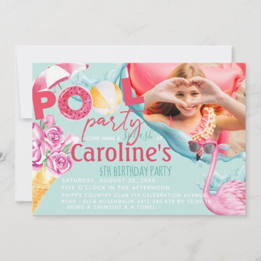 Meisjes Foto Pool Party Verjaardag Kaart (Voorkant)