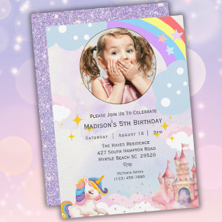 Meisjes Foto Regenboog Glitter 5e Verjaardagsfeest Kaart