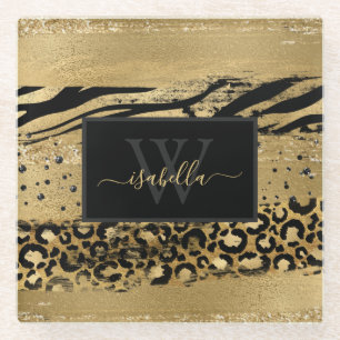 Meisjes Fun Modern Gold Glitter Script Monogram Glazen Onderzetter