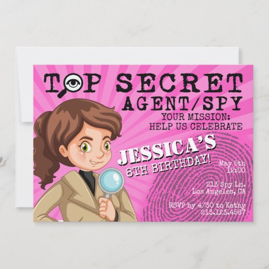 Meisjes geheime agent Spy Birthday Party Invitatio Kaart (Voorkant)