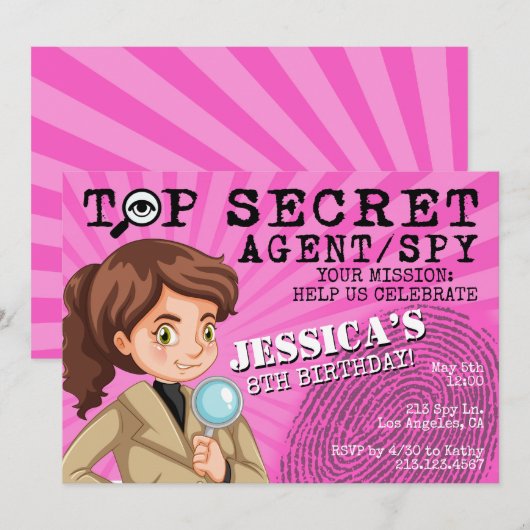 Meisjes geheime agent Spy Birthday Party Invitatio Kaart (Voorkant / Achterkant)