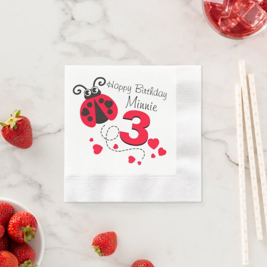 Meisjes genaamd 3de verjaardag rode ladybug napkin servet (Insitu)