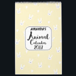 Meisjes gepersonaliseerd kalender voor 2017<br><div class="desc">De 2017-kalender van dit meisje bevat 12 schattige dieren, één voor elke kalendermaand. De voorkant is voorzien van een schattig konijntje en hartenpatroon op een bleke gele achtergrond en een wit tekstgebied met een borstelstoke stijl lettertype genaamd Portabello. U kunt tekst toevoegen in het bovenste gedeelte van de agenda als...</div>