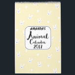 Meisjes gepersonaliseerd kalender voor 2017<br><div class="desc">De 2017-kalender van dit meisje bevat 12 schattige dieren, één voor elke kalendermaand. De voorkant is voorzien van een schattig konijntje en hartenpatroon op een bleke gele achtergrond en een wit tekstgebied met een borstelstoke stijl lettertype genaamd Portabello. U kunt tekst toevoegen in het bovenste gedeelte van de agenda als...</div>