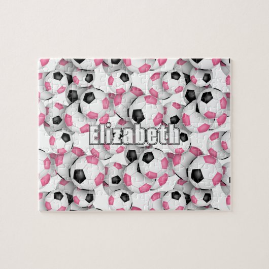 Meisjes gepersonaliseerd roze zwart voetbal legpuzzel (Horizontaal)