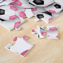 Meisjes gepersonaliseerd roze zwart voetbal legpuzzel