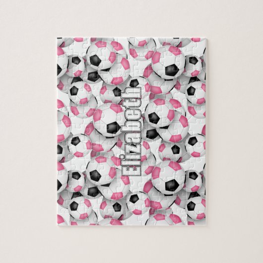 Meisjes gepersonaliseerd roze zwart voetbal legpuzzel (Verticaal)