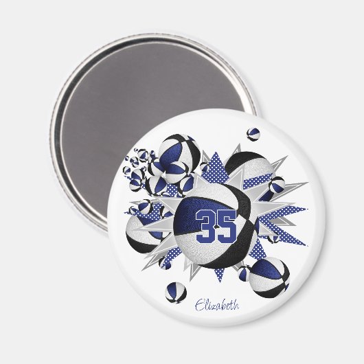 Meisjes gepersonaliseerde blauwe zwarte basketball magneet (Voorkant / Achterkant)
