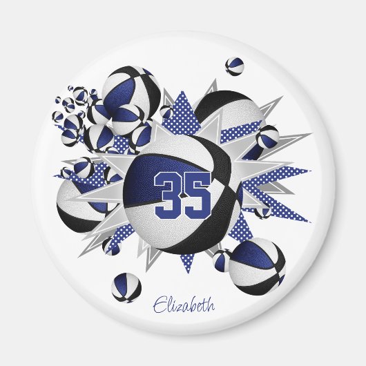 Meisjes gepersonaliseerde blauwe zwarte basketball magneet (Voorkant)