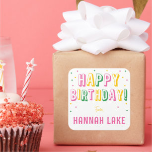 Meisjes Gepersonaliseerde Confetti Happy Birthday Vierkante Sticker