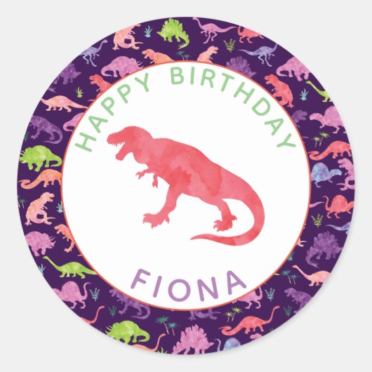 Meisjes Gepersonaliseerde Dinosaurus Verjaardagspa Ronde Sticker (Voorkant)
