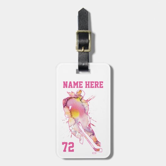 Meisjes Gepersonaliseerde Hockey Player Waterverf  Bagagelabel (Voorkant verticaal)