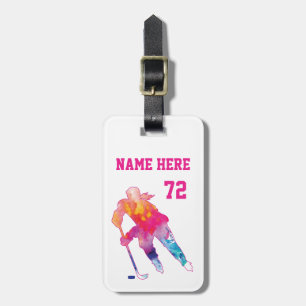 Meisjes Gepersonaliseerde Hockey Player Waterverf Bagagelabel