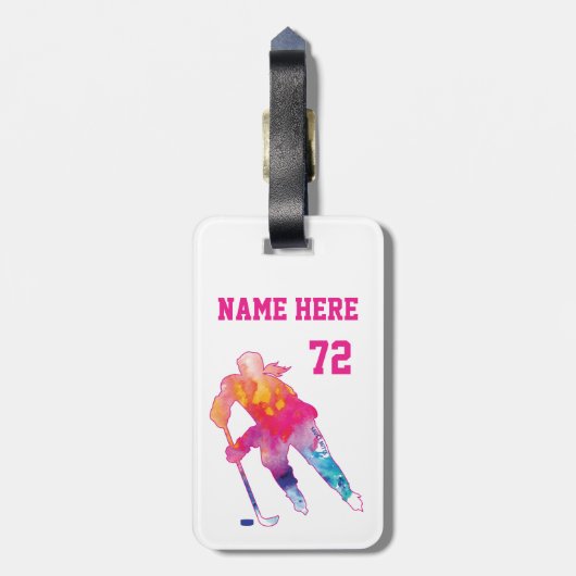 Meisjes Gepersonaliseerde Hockey Player Waterverf Bagagelabel (Achterkant verticaal)