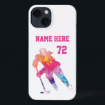 Meisjes Gepersonaliseerde Hockey Player Waterverf iPhone 13 Hoesje<br><div class="desc">Meisjes Gepersonaliseerde Hockey Player Name Number Waterverf</div>