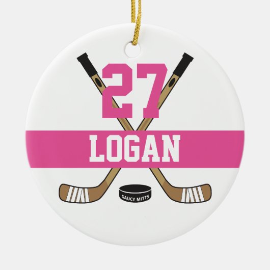 Meisjes Gepersonaliseerde Hockey Speler Naam Numme Keramisch Ornament (Voorkant)