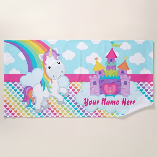 Meisjes Gepersonaliseerde regenboogkasteel Unicorn Strandlaken (Voorkant)
