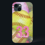 Meisjes gepersonaliseerde softball iPhone 13 hoesje<br><div class="desc">Vrouwensoftball iPhone case met roze en felgele softballen en aanpasbaar jersey nummer en naam door katz_d_zynes:: ook beschikbaar voor andere iPhone modellen, iPad en Samsung apparaten... voor andere apparaten, selecteer uw apparatentype uit de sectie van de Opties van de Stijl op deze pagina.. voor aanpassingshulp, klik eenvoudig de verbinding "Vraag...</div>