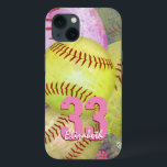 Meisjes gepersonaliseerde softball iPhone 13 hoesje<br><div class="desc">Vrouwensoftball iPhone case met roze en felgele softballen en aanpasbaar jersey nummer en naam door katz_d_zynes:: ook beschikbaar voor andere iPhone modellen, iPad en Samsung apparaten... voor andere apparaten, selecteer uw apparatentype uit de sectie van de Opties van de Stijl op deze pagina.. voor aanpassingshulp, klik eenvoudig de verbinding "Vraag...</div>