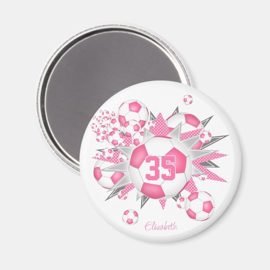 Meisjes gepersonaliseerde voetbal blowout roze magneet (Voorkant / Achterkant)