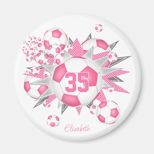 Meisjes gepersonaliseerde voetbal blowout roze magneet (Voorkant)