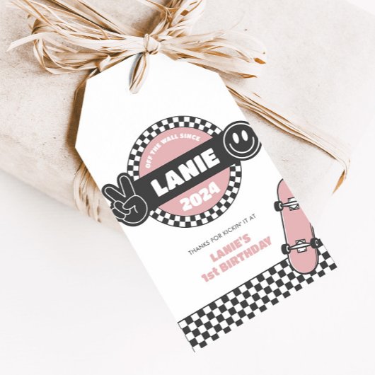 Meisjes geruit skateboard Groovy Road Verjaardag Cadeaulabel