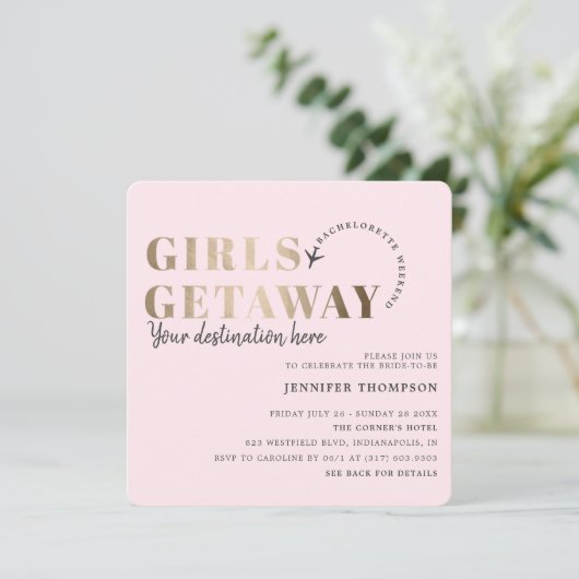 Meisjes Getaway Blush & Gold vrijgezellenweekend Kaart (Staand voorkant)