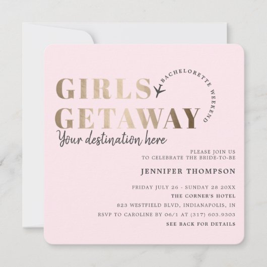 Meisjes Getaway Blush & Gold vrijgezellenweekend Kaart (Voorkant)