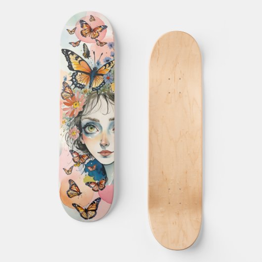 Meisjes Gezicht met Monarch Vlinders in Pastels Persoonlijk Skateboard (Voorkant)