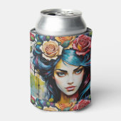 Meisje's Gezicht met Rozen Waterverf Stijl Blikjeskoeler (Blikje Voorkant)